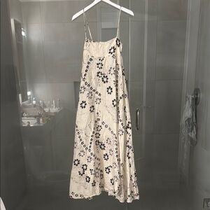 Spaghetti-Strap Cream Midi Dress with Black Floral Print